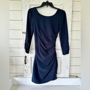 OLGA & MAYA, NWOT, NAVY BLUE, MINI DRESS. 3/4 SLEEVE, SIDE RUCHING. SIZE S